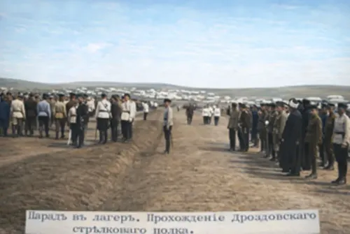 Parade in the camp. The Drozdovskii Rifle Regiment marches past.